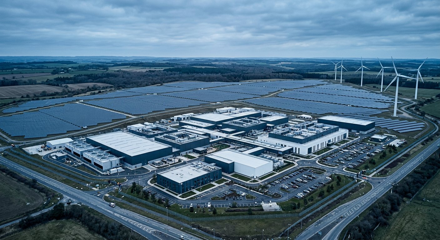 Data center beside solar panels and wind turbines — conceptual illustration