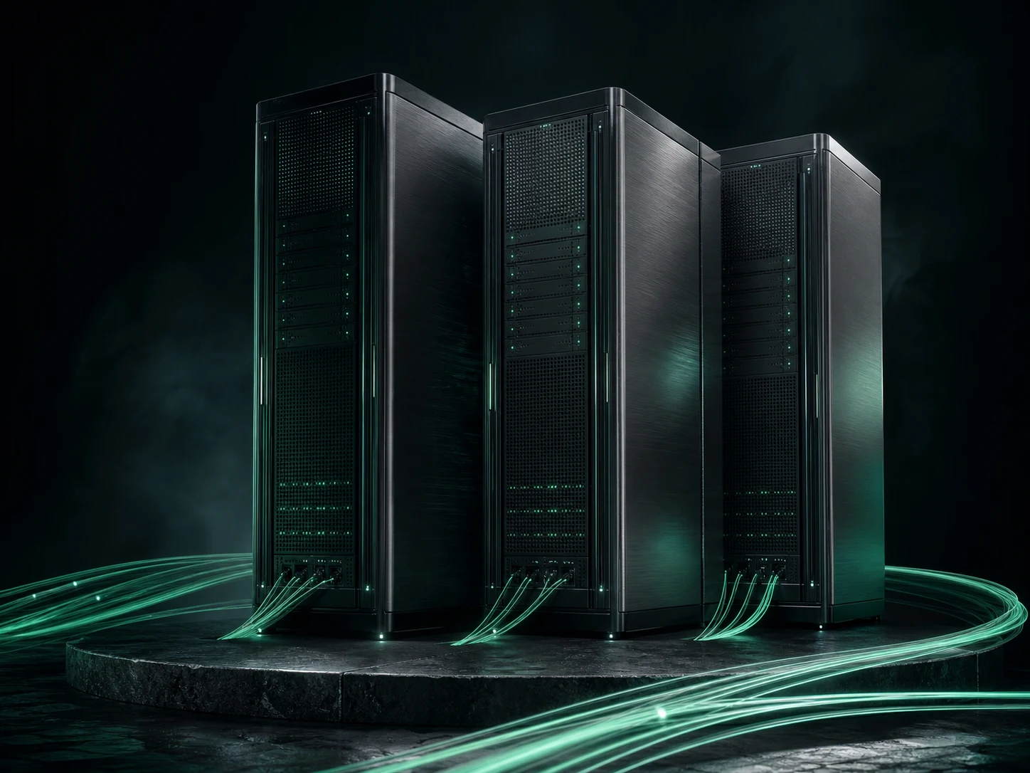 Precision server towers with mint-lit network connections — hosting illustration