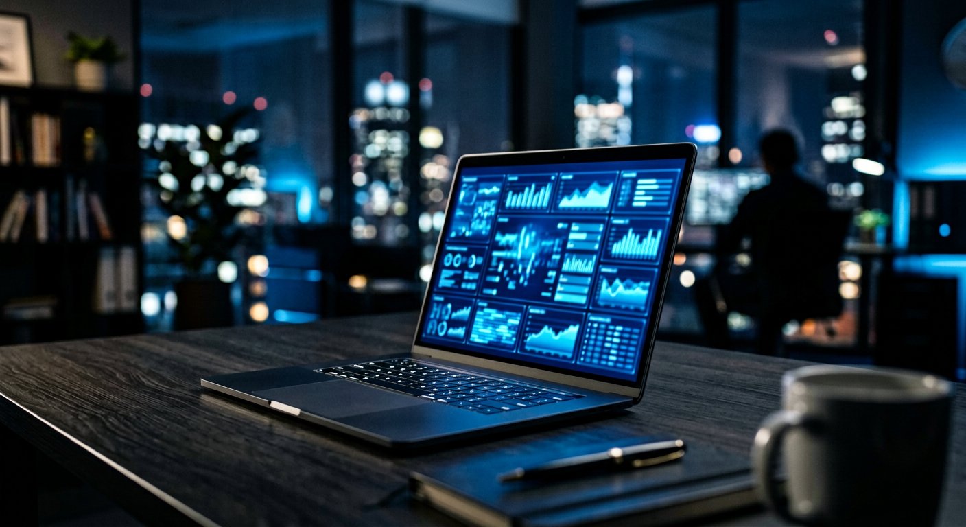 Laptop displaying a hosting dashboard — conceptual illustration
